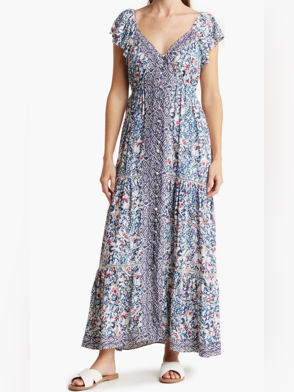 Angie Blue and White Floral V-Neck Tiered Maxi Dress